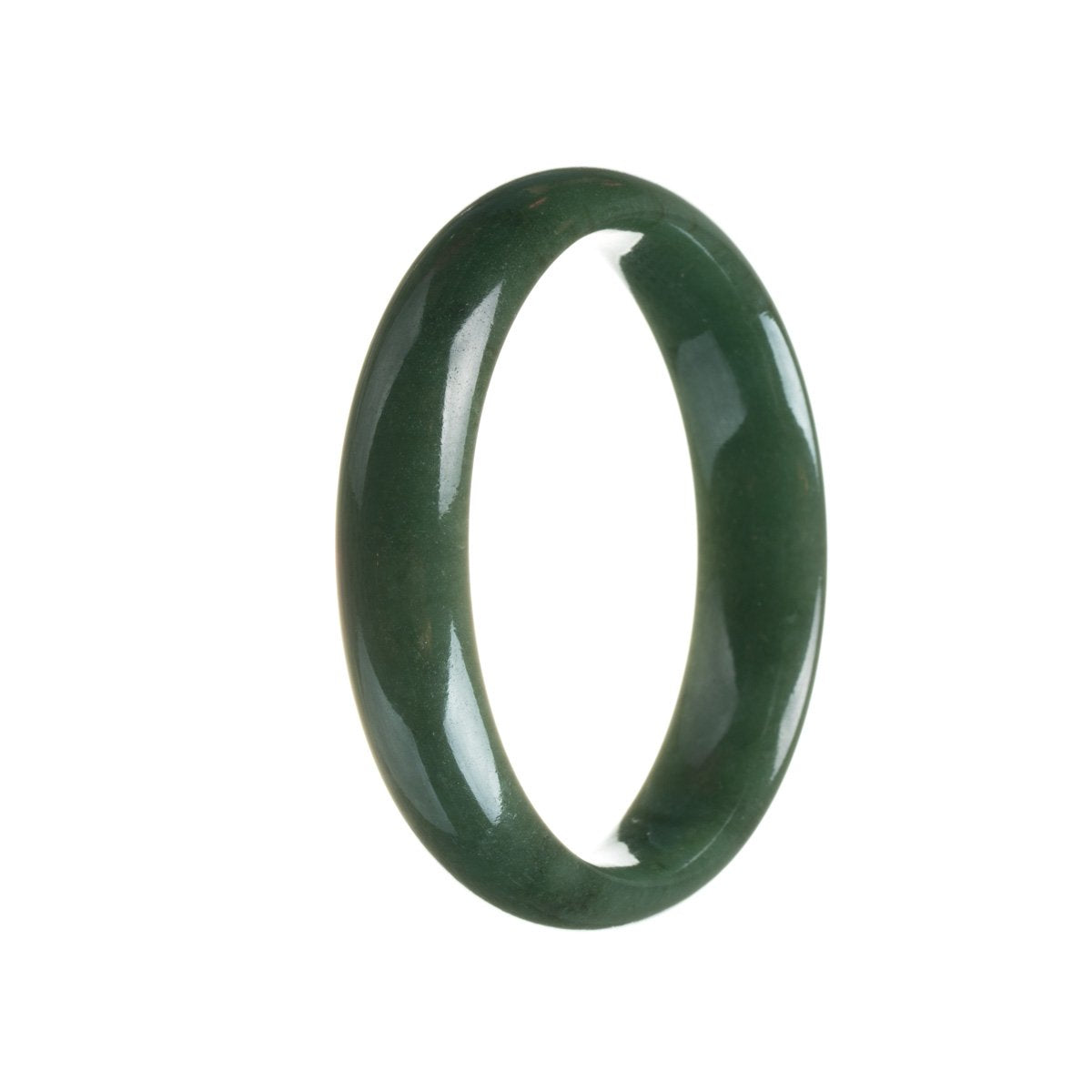 A close-up photo of a deep green Burmese Jade bracelet, featuring a half-moon shape. This bracelet is certified as natural and is 57mm in size. It is a stylish piece of jewelry from the MAYS™ collection.