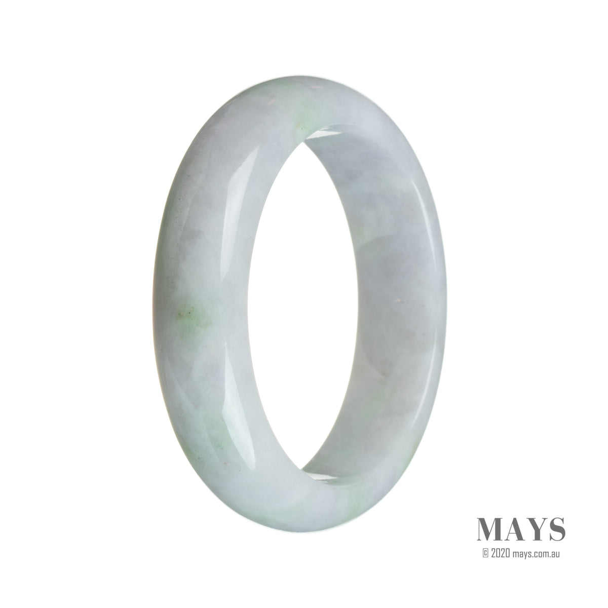 A close-up image of a beautiful lavender and green jadeite bracelet in a half moon shape.