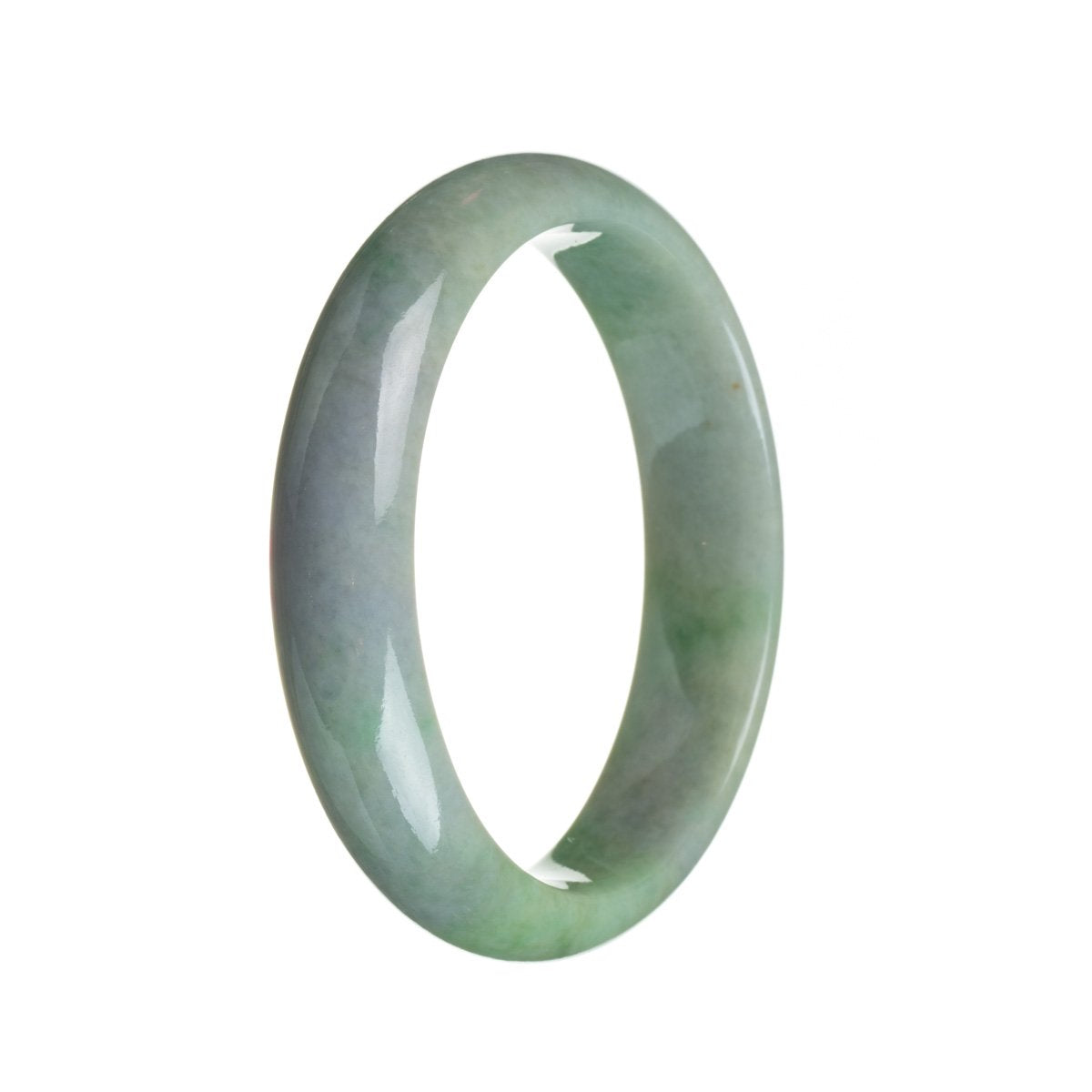 A close-up of a stunning jade bangle bracelet, featuring a vibrant green and lavender color. The bracelet is made of high-quality grade A jadeite and has a unique half-moon shape, measuring 59mm in diameter. Perfect for adding a touch of elegance to any outfit.