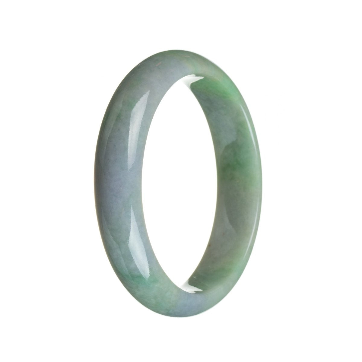 Close-up image of a beautiful, half-moon shaped Burma Jade bangle with a stunning green color and subtle lavender hues.