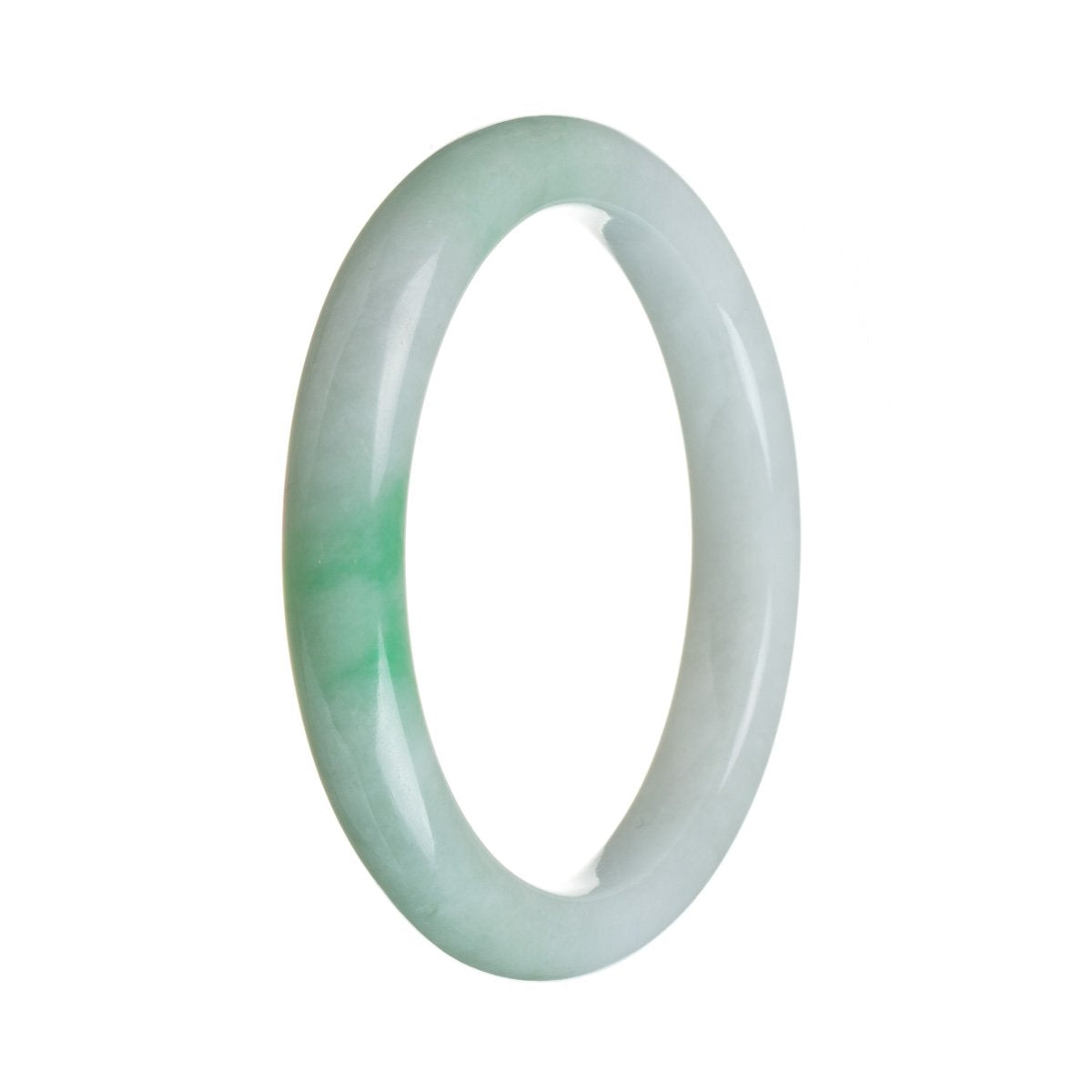 A close-up image of a traditional jade bangle in a beautiful apple green color with white streaks. The bangle is made of high-quality Grade A jade and has a semi-round shape. It measures 62mm in diameter. Designed by MAYS™.