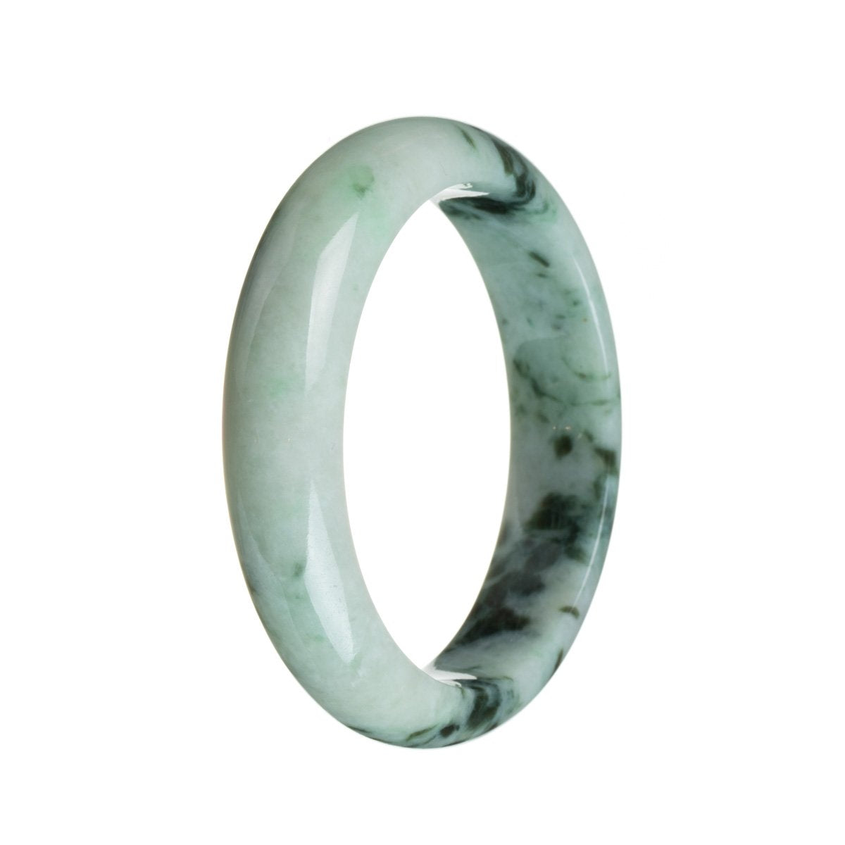 A pale green jade bangle bracelet with a traditional pattern, certified as natural. The bracelet has a half-moon shape and measures 59mm in size. Sold by MAYS GEMS.