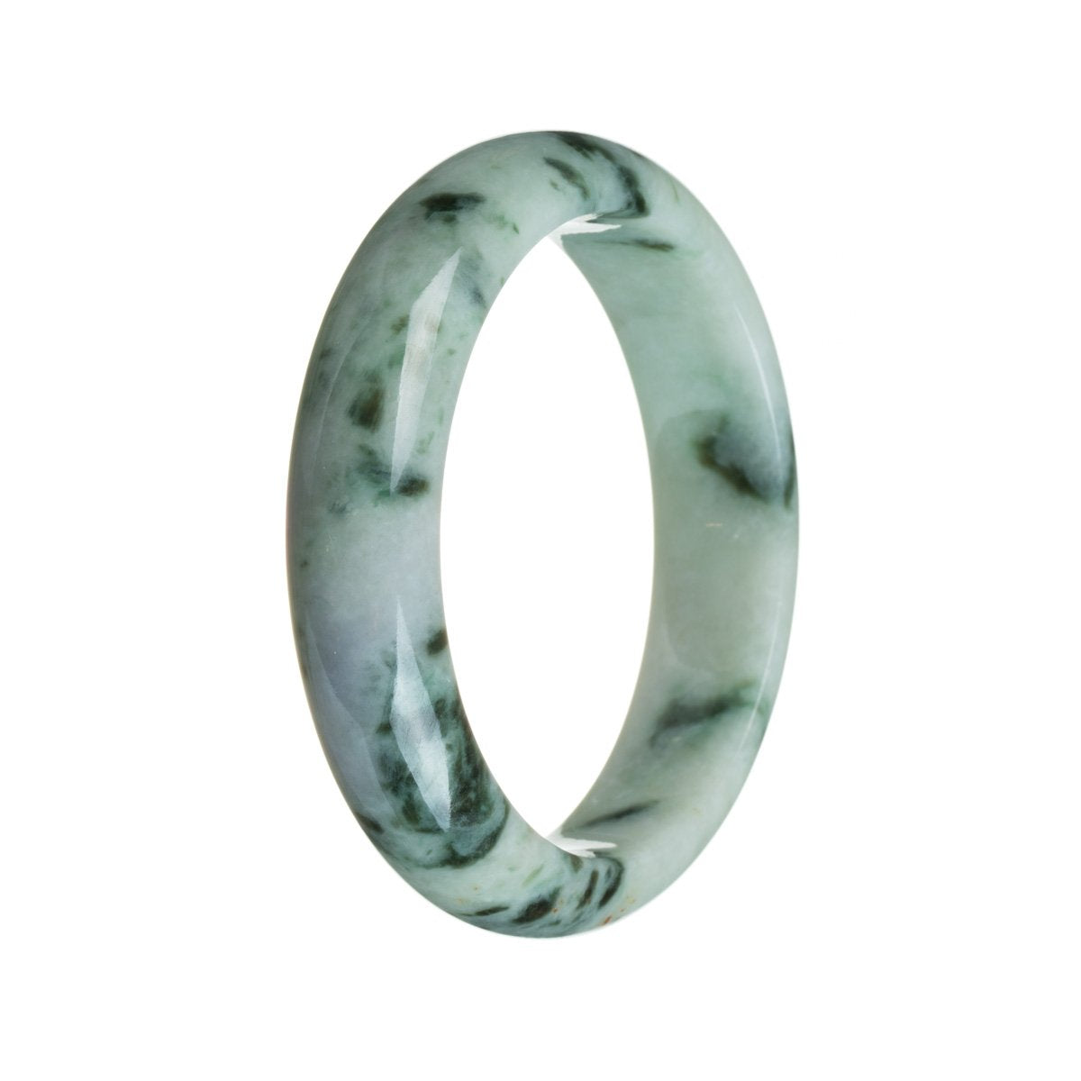 A pale green Burma Jade bangle with a certified Grade A quality. The bangle features a beautiful pattern and has a unique half moon shape, measuring 59mm in size. Designed and crafted by MAYS™.