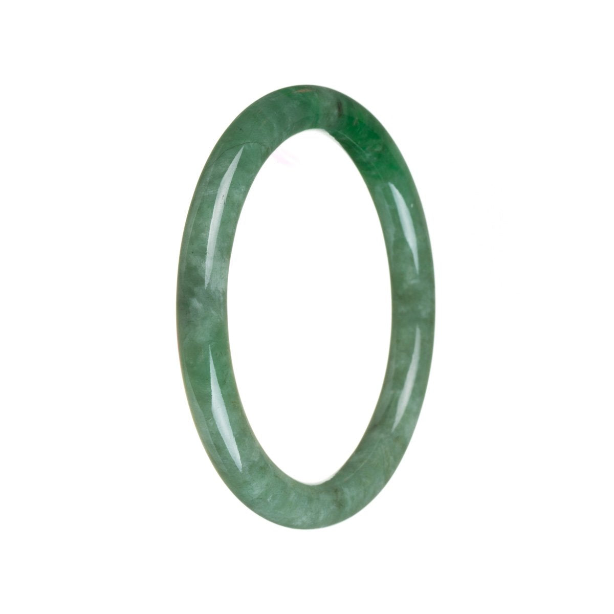 A close-up image of a beautiful green jade bangle bracelet with a petite round shape. The bangle is made of genuine Grade A green imperial green jadeite jade, showcasing its exquisite craftsmanship. This elegant piece of jewelry is offered by MAYS.
