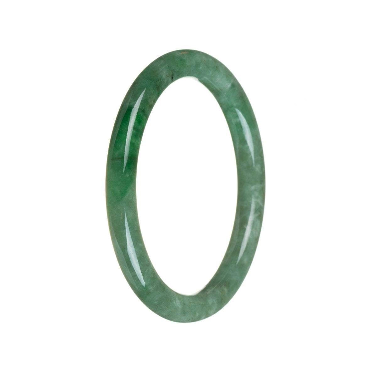 A close-up image of a petite round jade bracelet in a vibrant green color with an imperial green hue. This genuine Type A green jade bracelet measures 57mm in size and is offered by MAYS GEMS.
