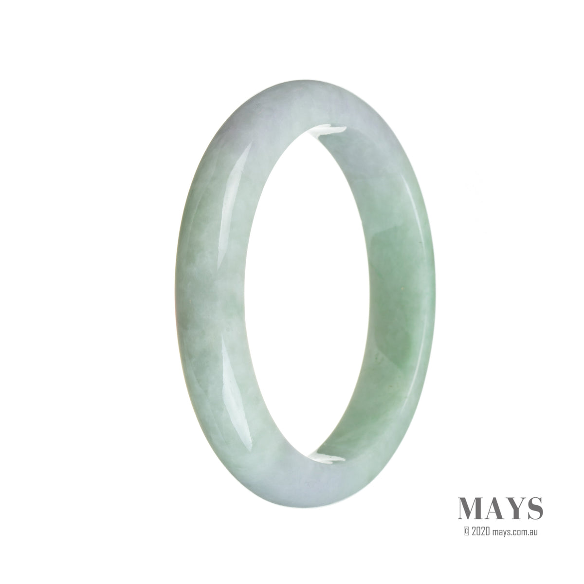 A close-up photo of a traditional jade bangle in a semi-round shape, measuring 57mm in diameter. The bangle features a vibrant green color with natural variations and markings. It is accompanied by a bundle of real untreated lavender, adding a touch of natural beauty to the image.