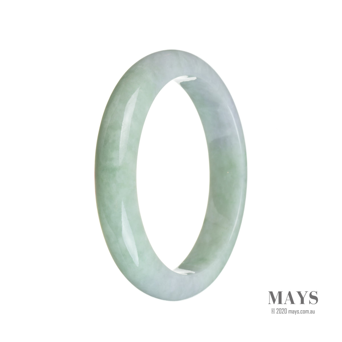 Close-up of a lavender-colored bangle bracelet made with certified natural Burmese Jade stone. The bracelet has a semi-round shape and measures 57mm in size. The jade stone is a vibrant green, adding a touch of elegance to the lavender bracelet. Perfect for adding a pop of color to any outfit.