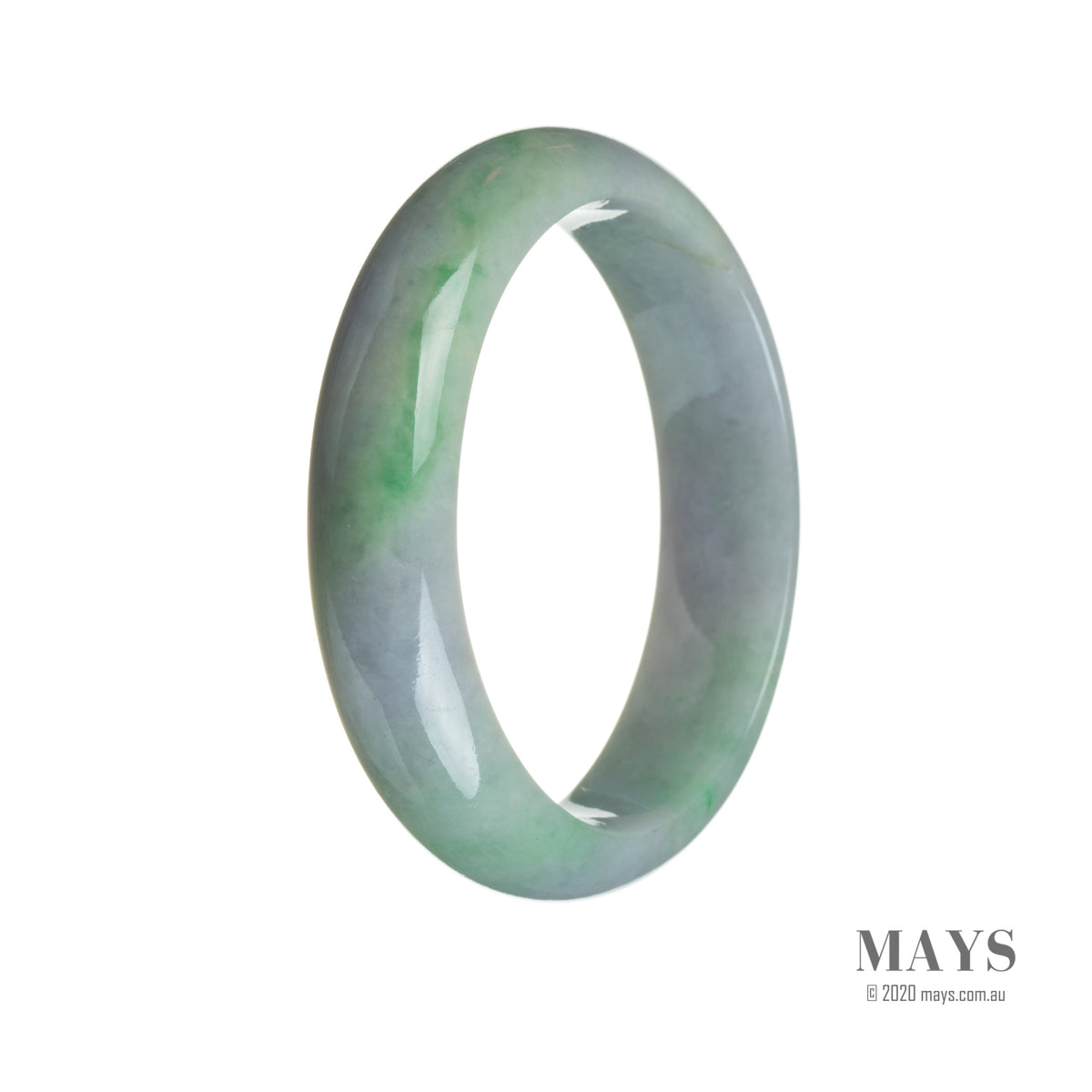 A half moon-shaped jade bangle bracelet with a bluish lavender and green color.