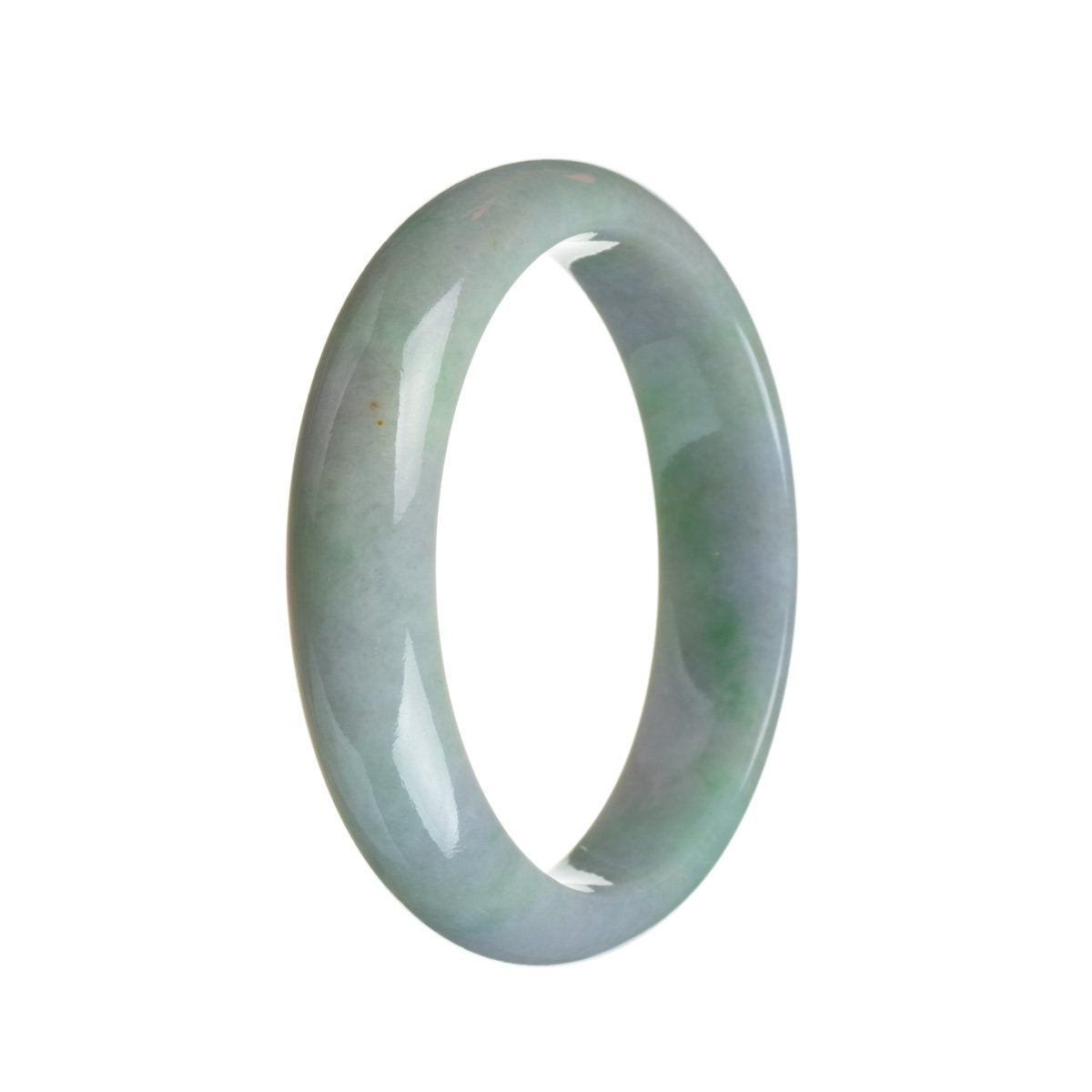 A lavender and green jade bangle bracelet with a traditional design, featuring a half moon shape and measuring 59mm in size.