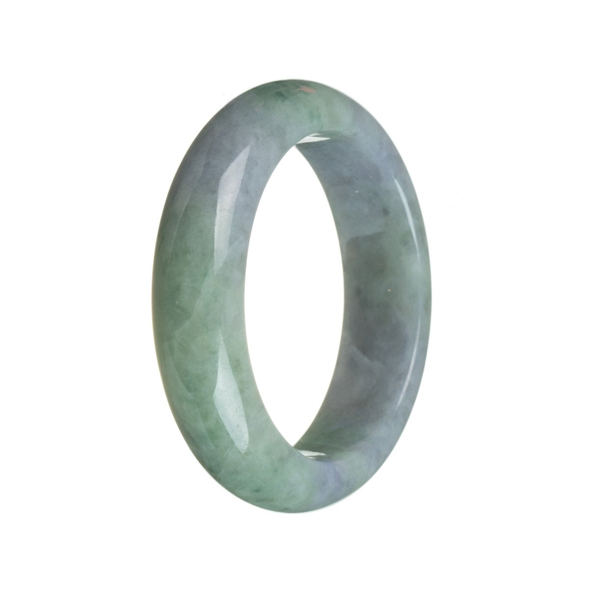 A close-up photo of an oval-shaped lavender and green Burmese jade bangle, with a half-moon design. The bangle has a polished and smooth surface, showcasing the natural beauty of the jade.