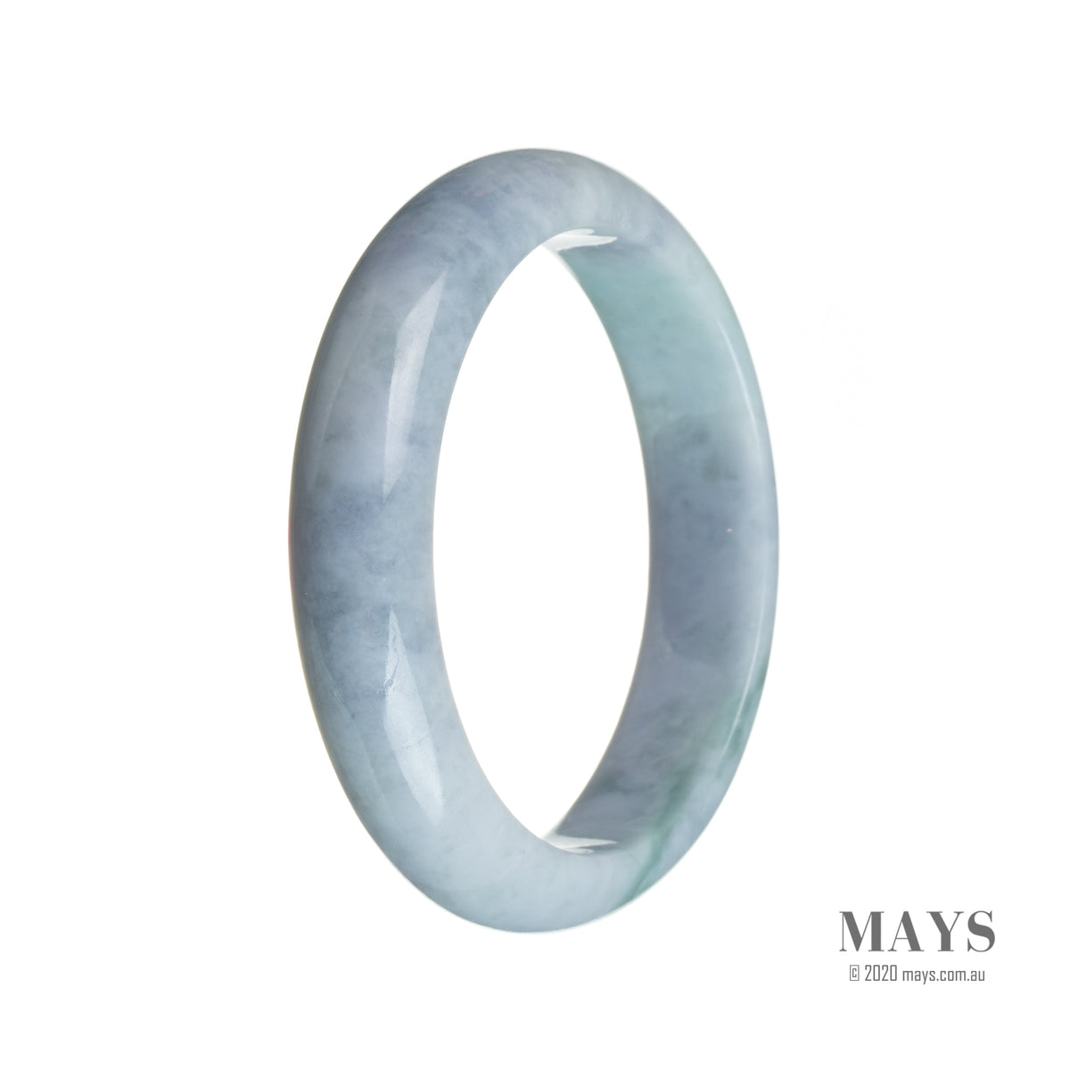 A close-up photo of a half-moon shaped bluish lavender jade bangle, measuring 58mm in diameter. The bangle is made of real Type A jade and features a smooth, polished surface.