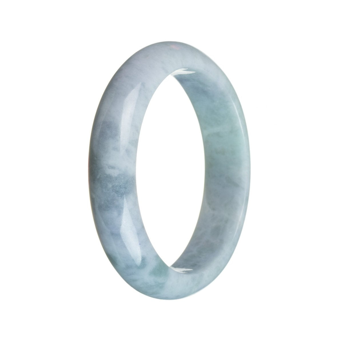 A beautiful bangle bracelet made of authentic Grade A Bluish Lavender Burma Jade. The bracelet has a half-moon shape and measures 59mm in diameter. It is a stunning piece of jewelry from the brand MAYS.