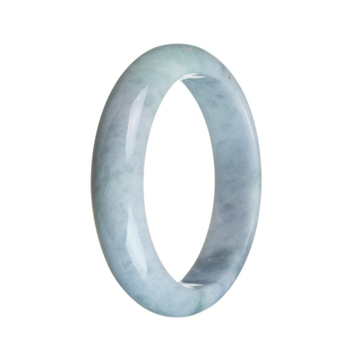 A beautiful bluish lavender Burma jade bangle bracelet with a half moon shape, crafted from genuine, natural jade.
