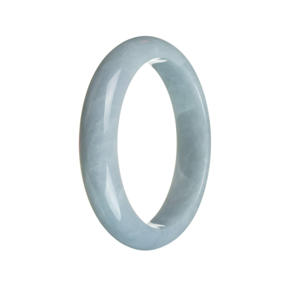 A close-up photo of a bluish lavender Burmese Jade bangle. The bangle is round in shape and has a semi-smooth texture. It measures 59mm in diameter. The color of the jade is a beautiful blend of blue and lavender hues. The bangle appears to be of high quality and is part of the MAYS™ collection.