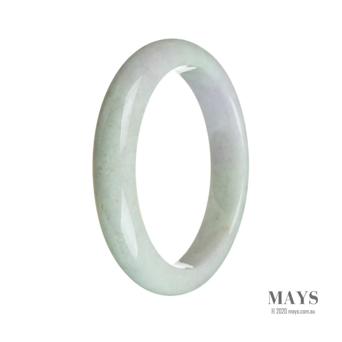 A close-up image of a 58mm semi-round lavender jade bangle. The bangle is certified as natural and features a vibrant green color with hints of lavender. It is a stylish and elegant piece of jewelry from the brand MAYS.