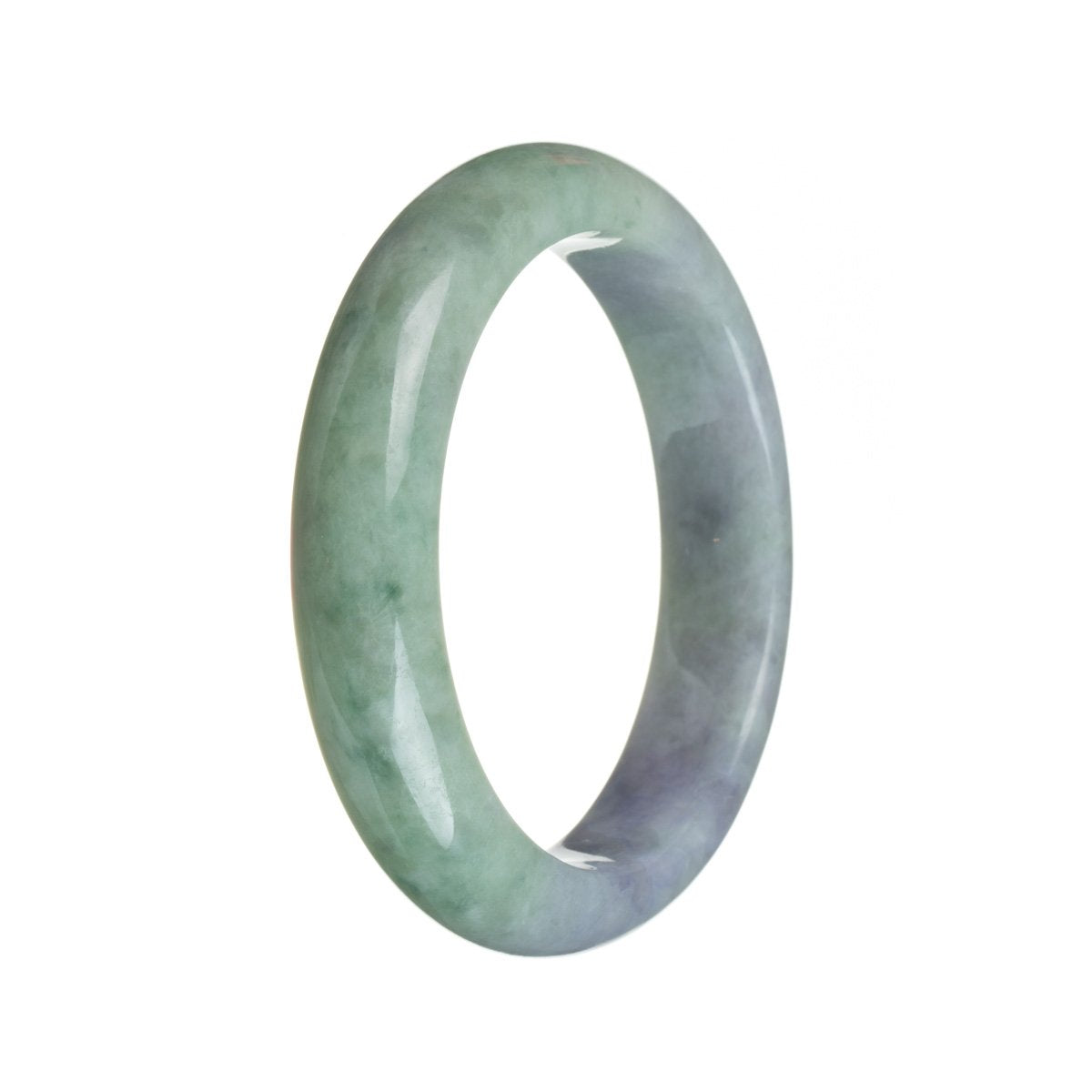 A beautiful green and lavender jade bracelet with a half moon shape, made from genuine natural jadeite jade.
