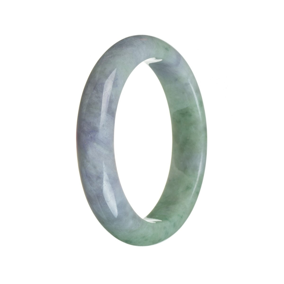 A beautiful half moon-shaped jade bangle in a vibrant green color with hints of lavender. The bangle has a strong and sturdy design, perfect for adding a touch of elegance to any outfit.