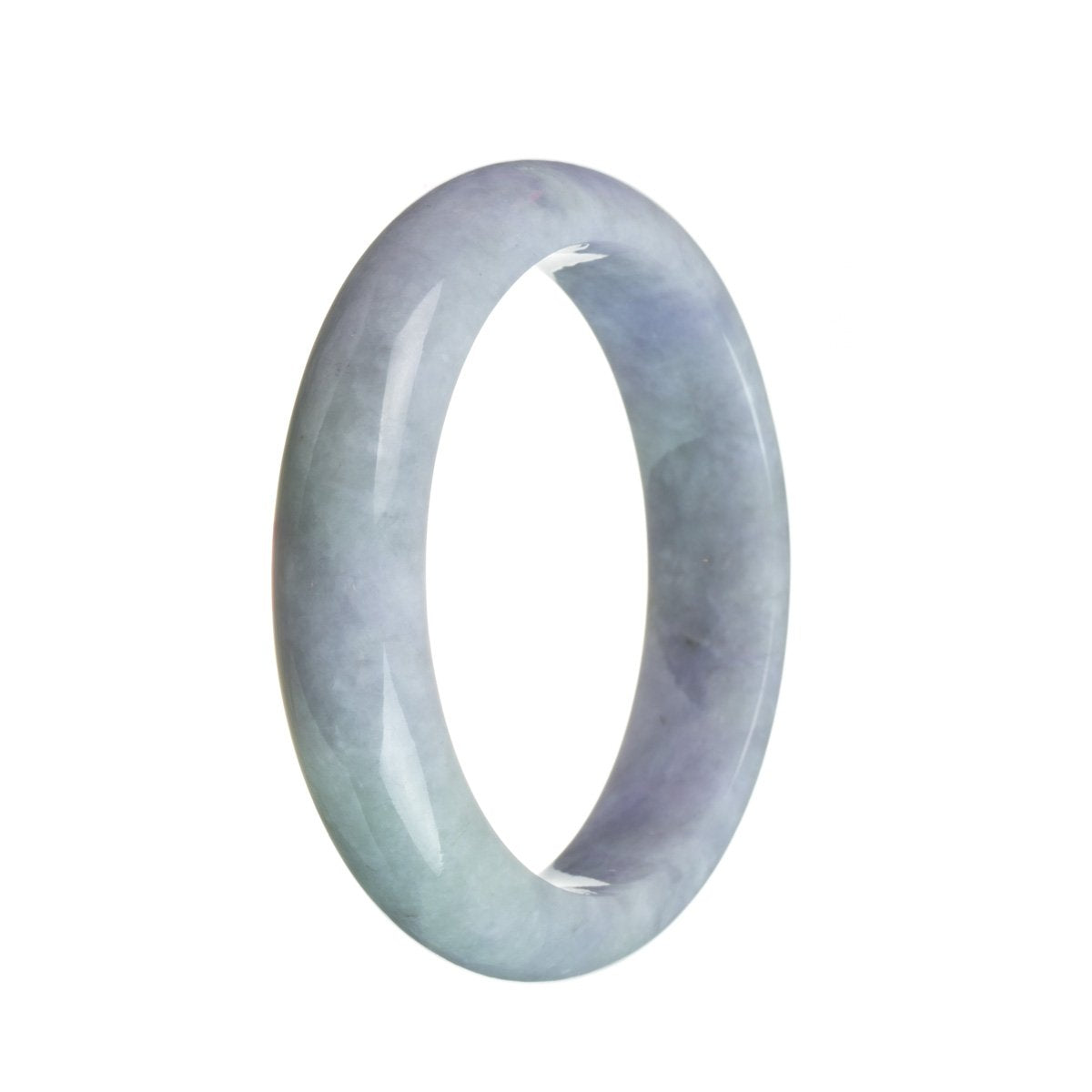 A close-up image of a beautiful lavender jade bracelet with a semi-round shape. The bracelet is made of genuine Type A strong jadeite jade and measures 58mm in size. It features a smooth and polished surface, showcasing the exquisite color and natural patterns of the jade stone.