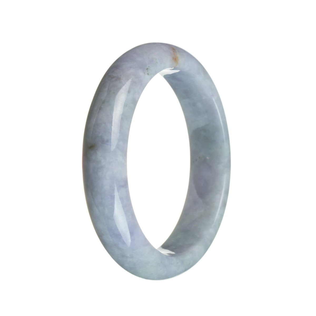 A close-up photo of a lavender-colored Burmese jade bangle. The bangle is round and has a smooth surface. It is certified as Grade A and has a strong lavender hue. The bangle measures 58mm in diameter and is sold by MAYS.