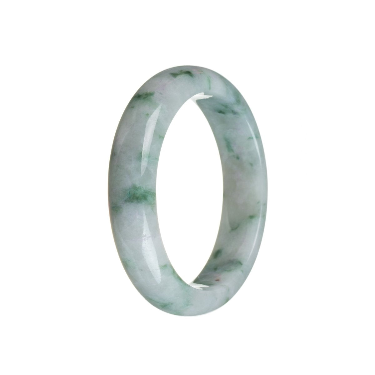 A close-up photo of an elegant green and white Burma Jade bracelet with a half-moon shape, measuring 51mm. The bracelet is made with authentic Grade A jade, giving it a luxurious and timeless look. It is a beautiful piece of jewelry that adds a touch of sophistication to any outfit.