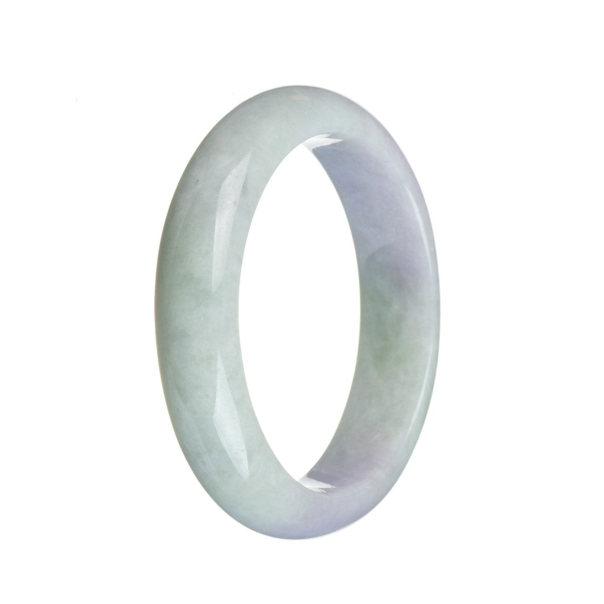 A close-up photo of a pale green and lavender jadeite bangle. The bangle is in a half moon shape and measures 58mm in diameter. The jadeite appears to be genuine Type A and showcases intricate patterns and natural variations in color. This beautiful piece of jewelry is offered by MAYS GEMS.