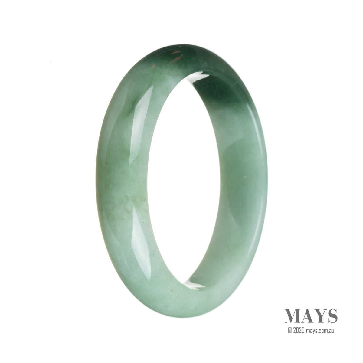 A close-up image of a green and dark green jade bangle with a half-moon shape, showcasing its natural beauty and authenticity.