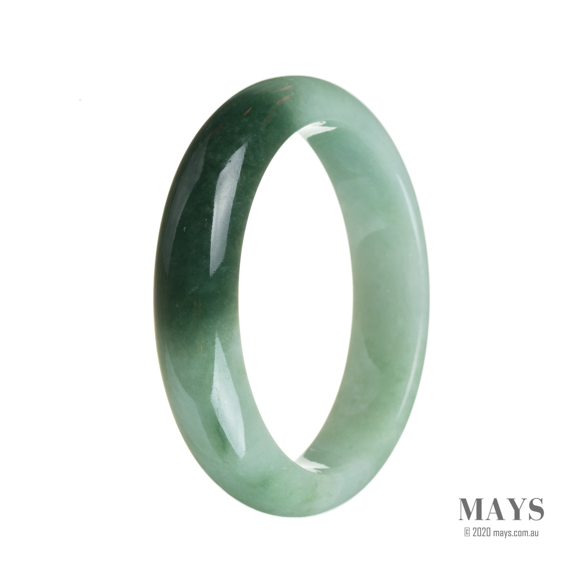An elegant jade bangle with a half-moon design in shades of green.