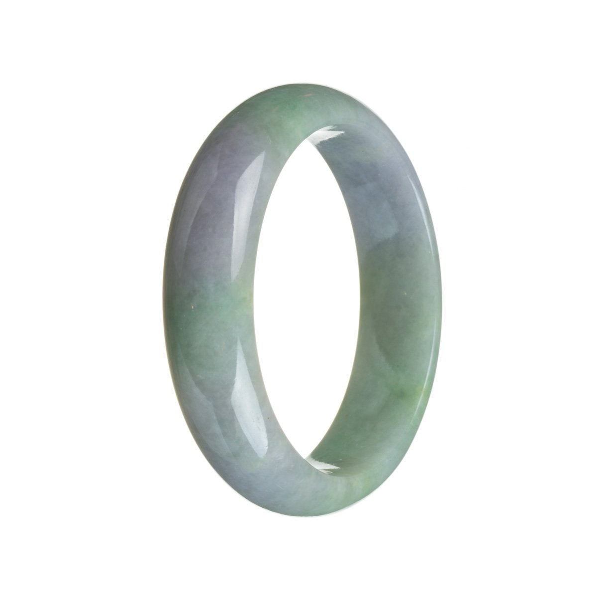 A half moon-shaped jade bangle bracelet in untreated green and lavender colors, showcasing traditional craftsmanship.