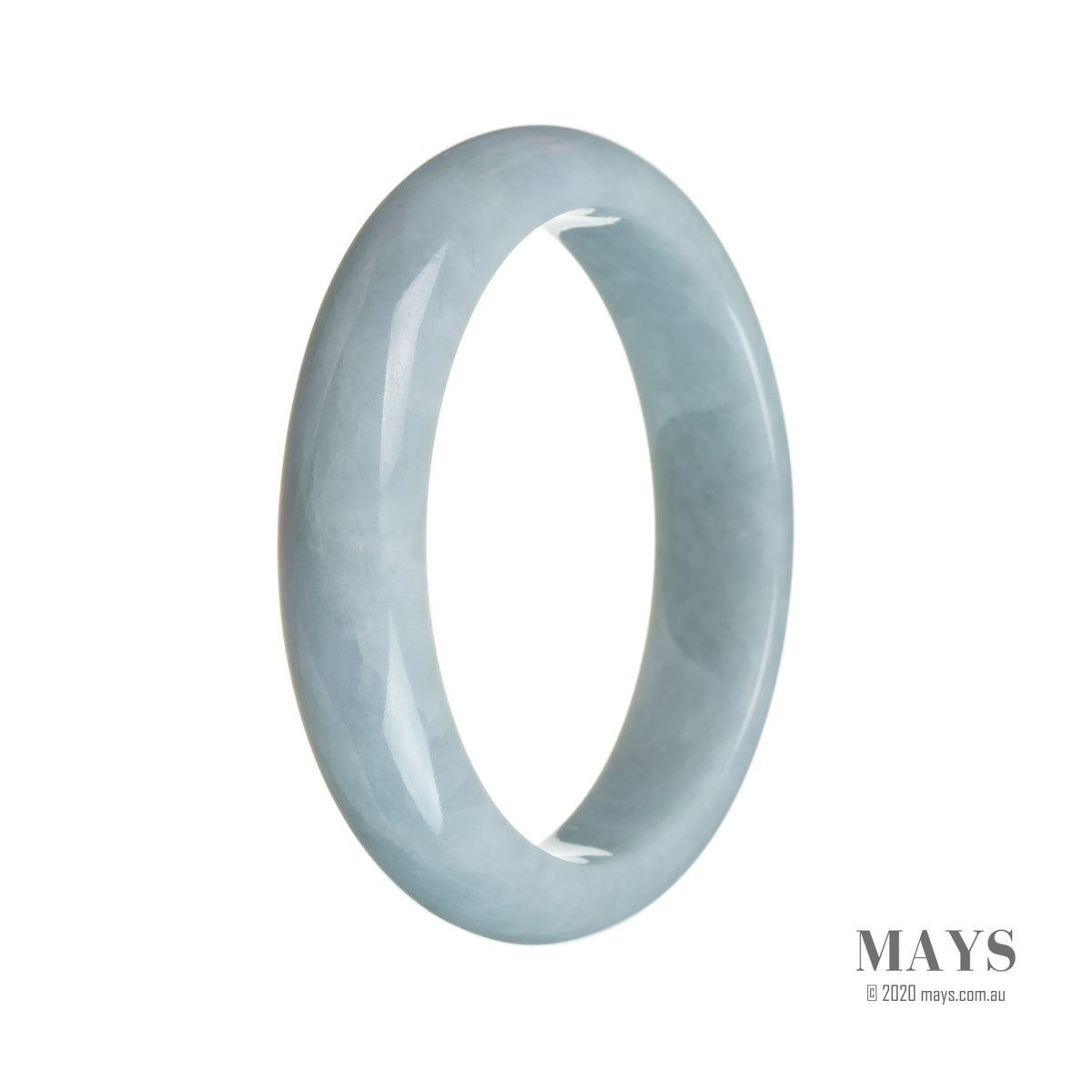A close-up photo of an authentic untreated bluish lavender jadeite jade bangle, in the shape of a half moon, measuring 59mm in diameter.