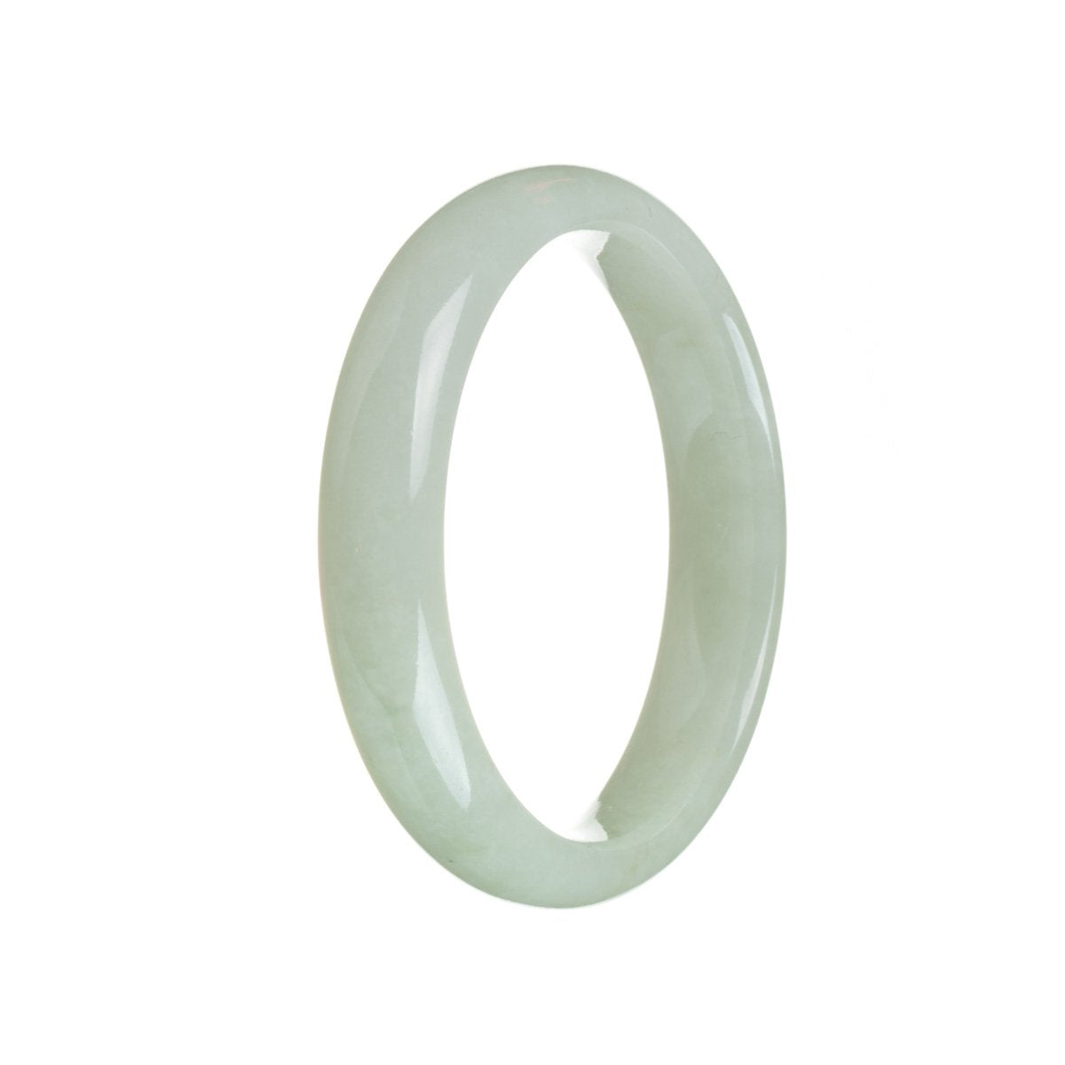 A close-up image of a white Burmese jade bracelet in the shape of a half moon, measuring 56mm in diameter. The bracelet appears to be made of high-quality, genuine grade A jade.