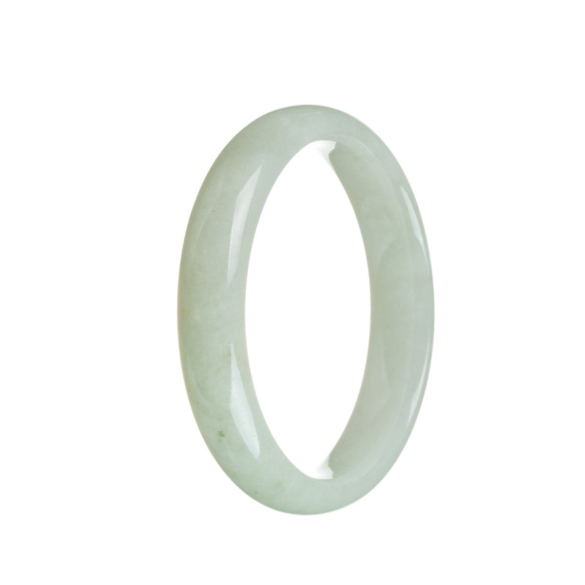 A half-moon shaped white jadeite jade bracelet, crafted from genuine grade A jade. The bracelet has a diameter of 56mm and is beautifully designed by MAYS.