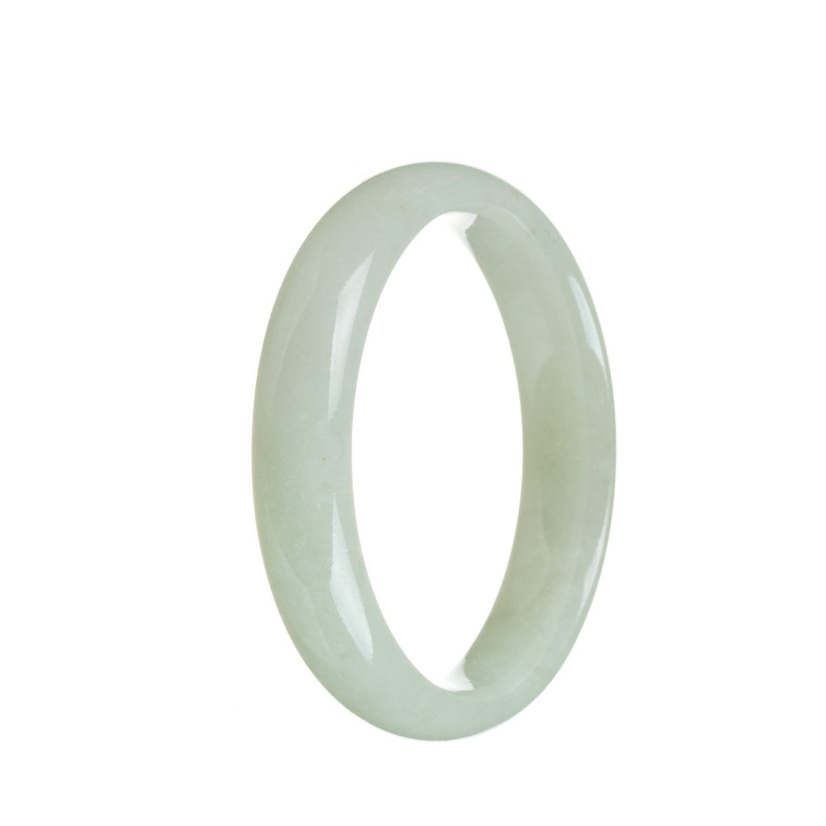 A close-up photo of a stunning jade bangle featuring a half moon shape. The bangle is made of high-quality, Grade A white Burmese jade, known for its exquisite beauty. The smooth, polished surface of the bangle reflects light, showcasing the natural variations and unique patterns of the jade. This luxurious piece of jewelry, measuring 56mm in diameter, is a testament to the skill and craftsmanship of MAYS™.