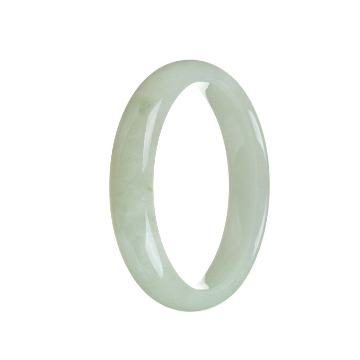 A close-up image of a white Burma jade bangle, half moon shaped, with a diameter of 56mm. The bangle is made of genuine Type A jade, displaying its beautiful and unique natural patterns. Sold by MAYS GEMS.