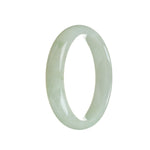 A close-up image of a white Burma jade bangle, half moon shaped, with a diameter of 56mm. The bangle is made of genuine Type A jade, displaying its beautiful and unique natural patterns. Sold by MAYS GEMS.