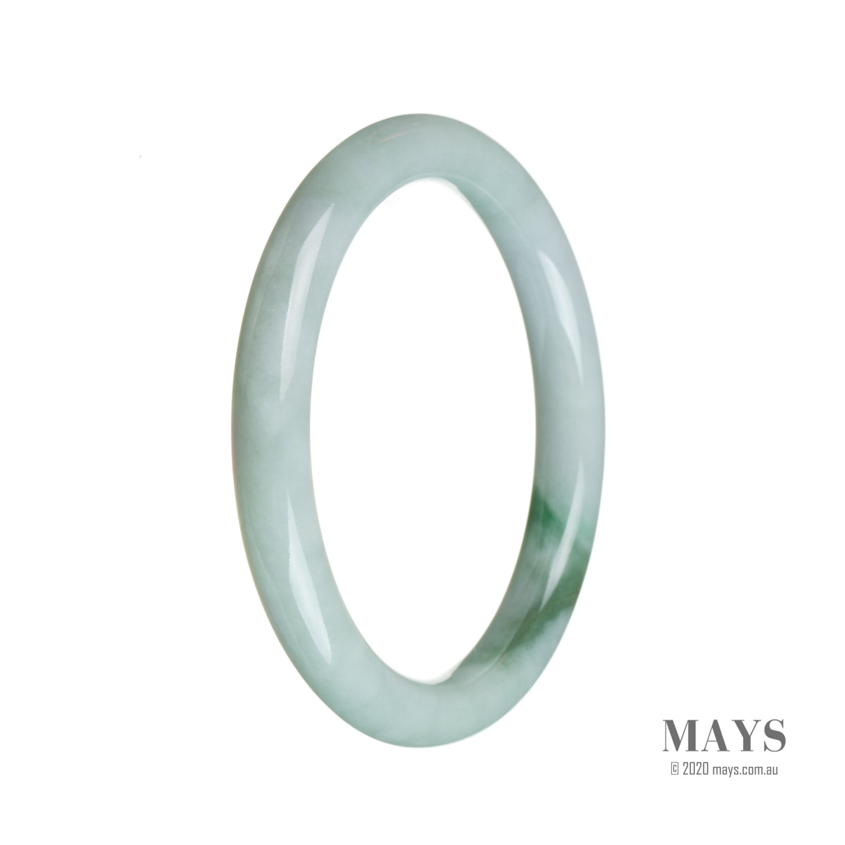 A close-up image of a round, green and white jade bangle bracelet with a traditional pattern. The bracelet is 59mm in size and is considered an authentic Type A Jade.