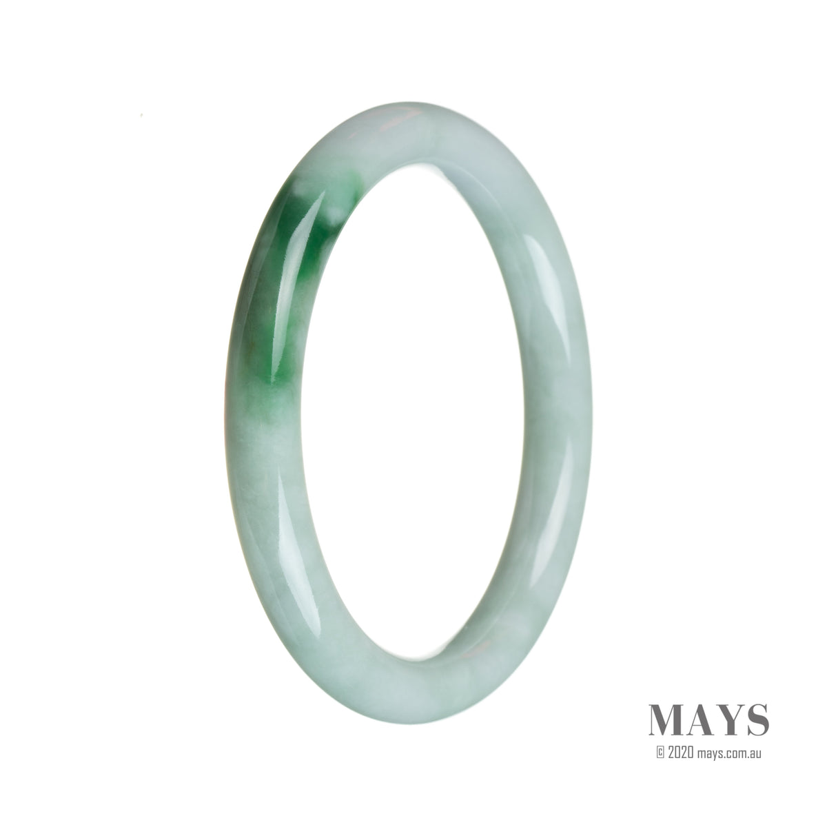 A round, 59mm diameter green on white pattern jade bangle bracelet, made of genuine Grade A jade.