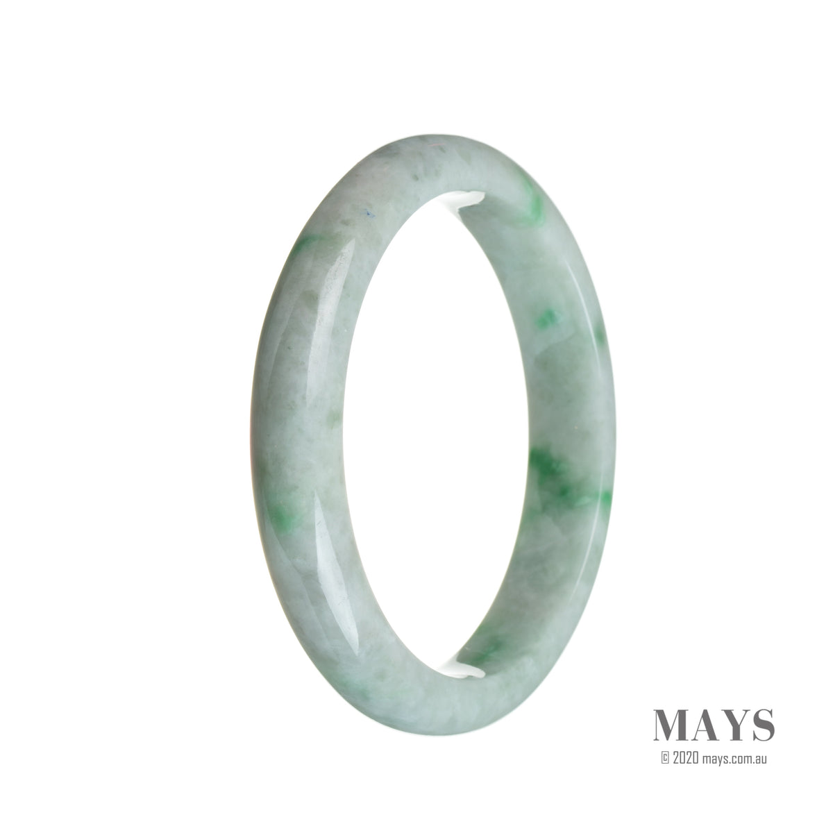 A close-up of a beautiful green and white patterned jade bracelet in the shape of a half moon, measuring 58mm.