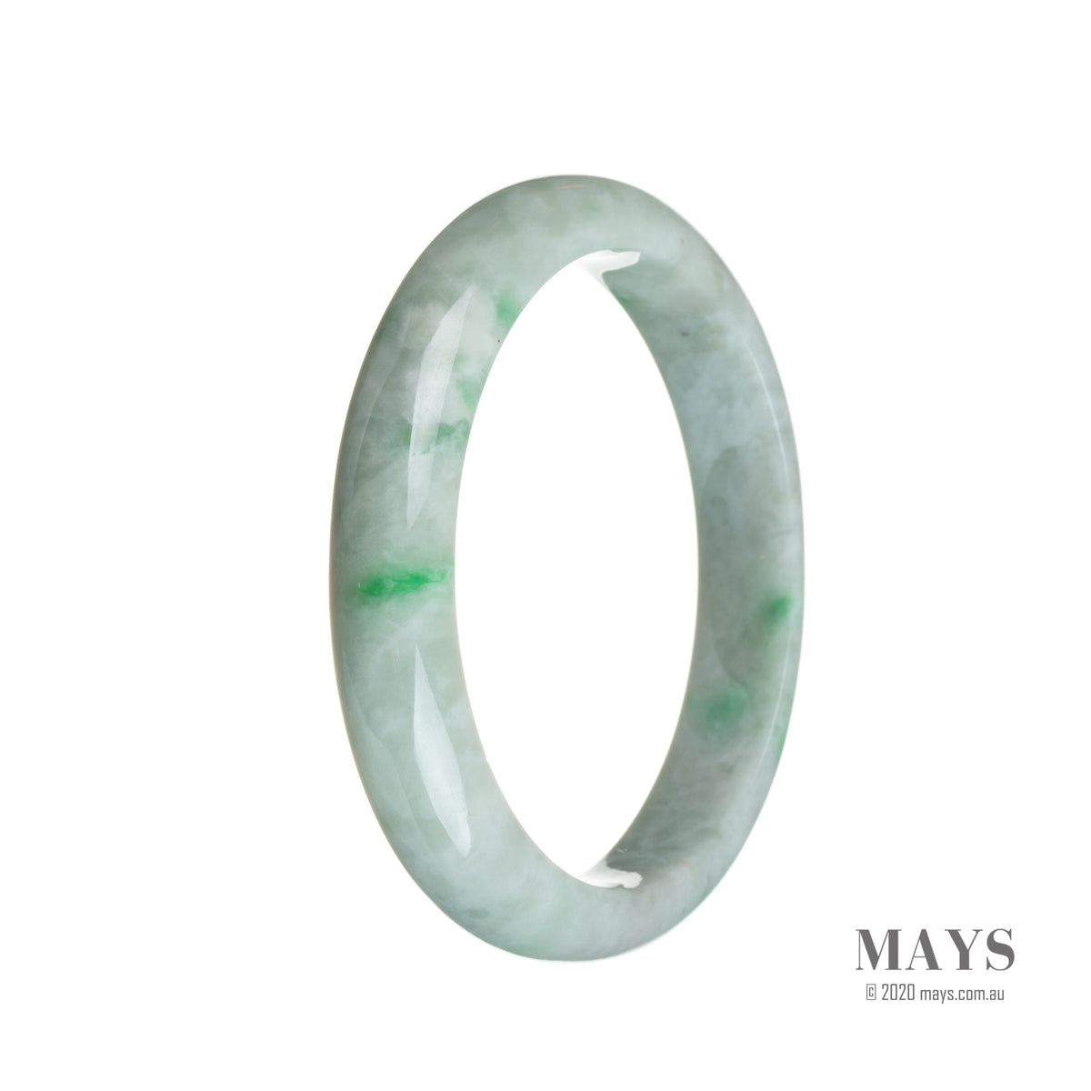 A beautiful green and white patterned jade bracelet in a half moon shape, perfect for adding a touch of elegance to any outfit.