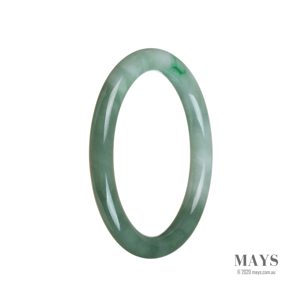 A small, round traditional jade bangle with a beautiful green pattern.