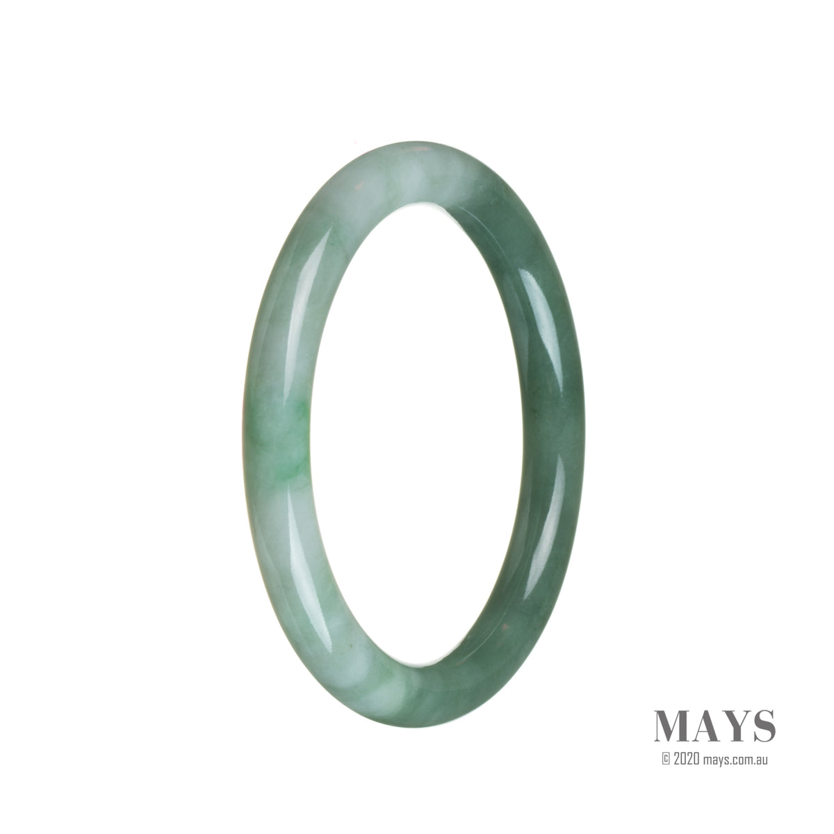 A small, round Burmese Jade bangle with a beautiful green pattern, made from genuine Grade A jade. Perfect for those with petite wrists, measuring 55mm in diameter. Designed by MAYS.