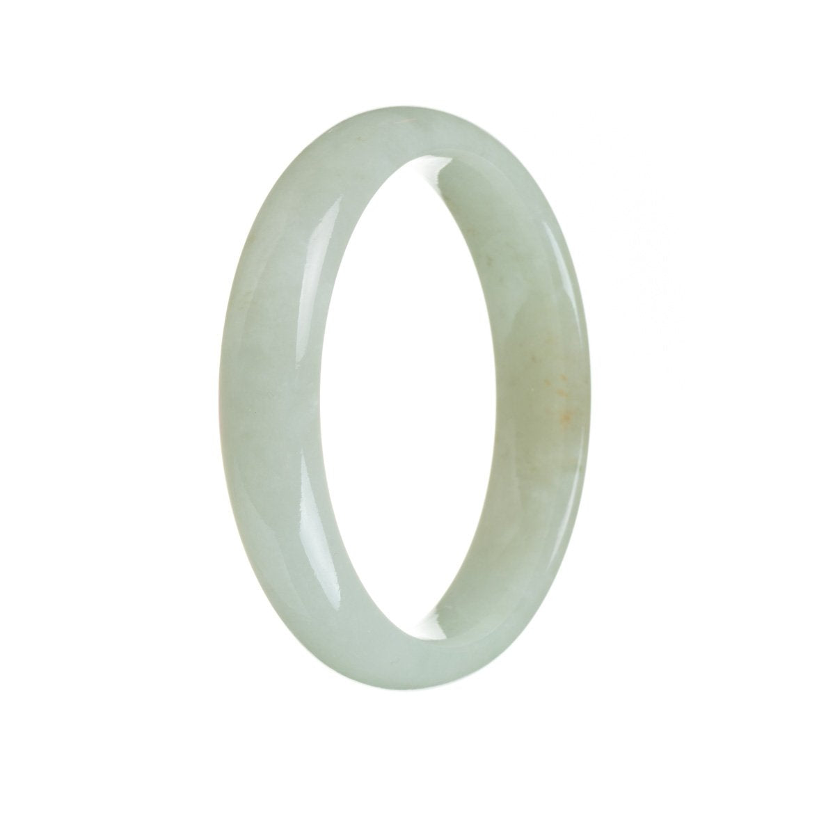 A close-up photo of a white jade bangle bracelet with a half-moon shape. It is made of genuine grade A white traditional jade and measures 56mm in diameter. The bracelet is beautifully crafted and is a product of MAYS™.