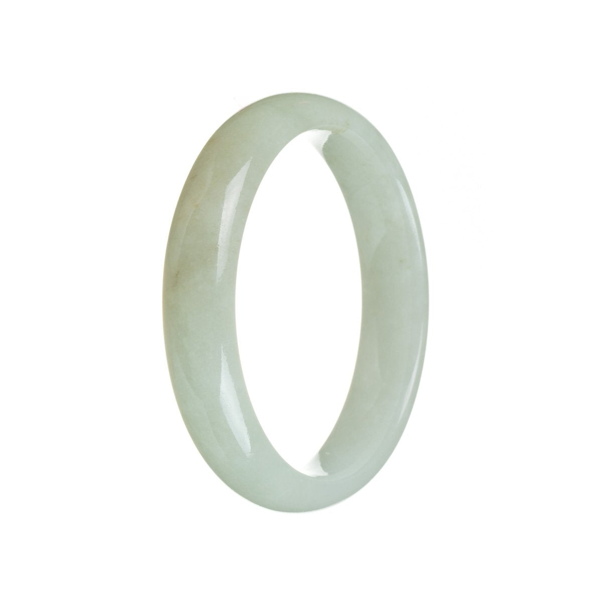 A close-up photo of a stunning white jadeite bracelet with a 56mm half moon design. The bracelet is made of genuine grade A white jadeite, known for its high quality and beautiful appearance. It is a luxurious and elegant piece of jewelry from the brand MAYS™.