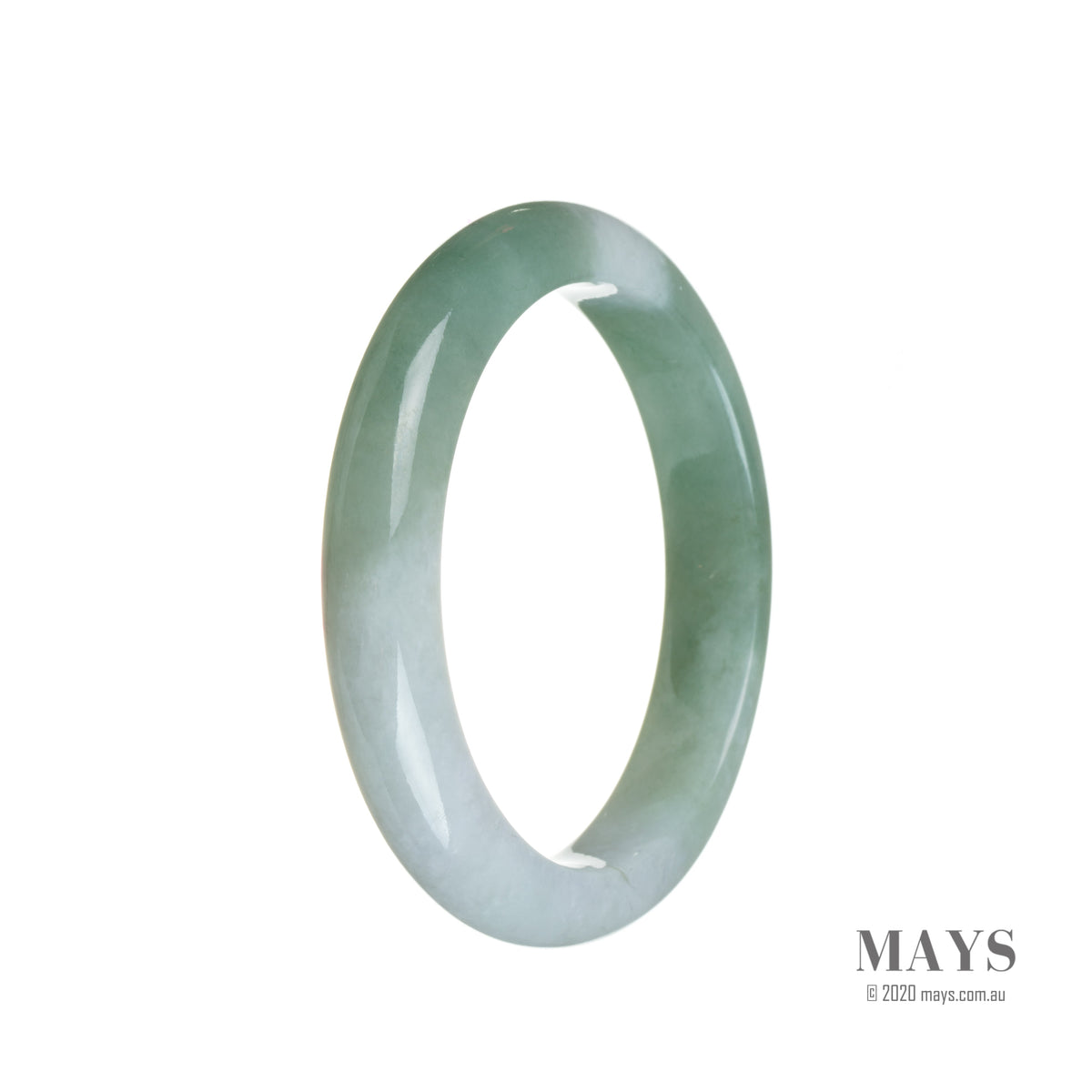 A pale lavender and green-spotted Jadeite Jade bangle with a half moon shape, measuring 53mm.