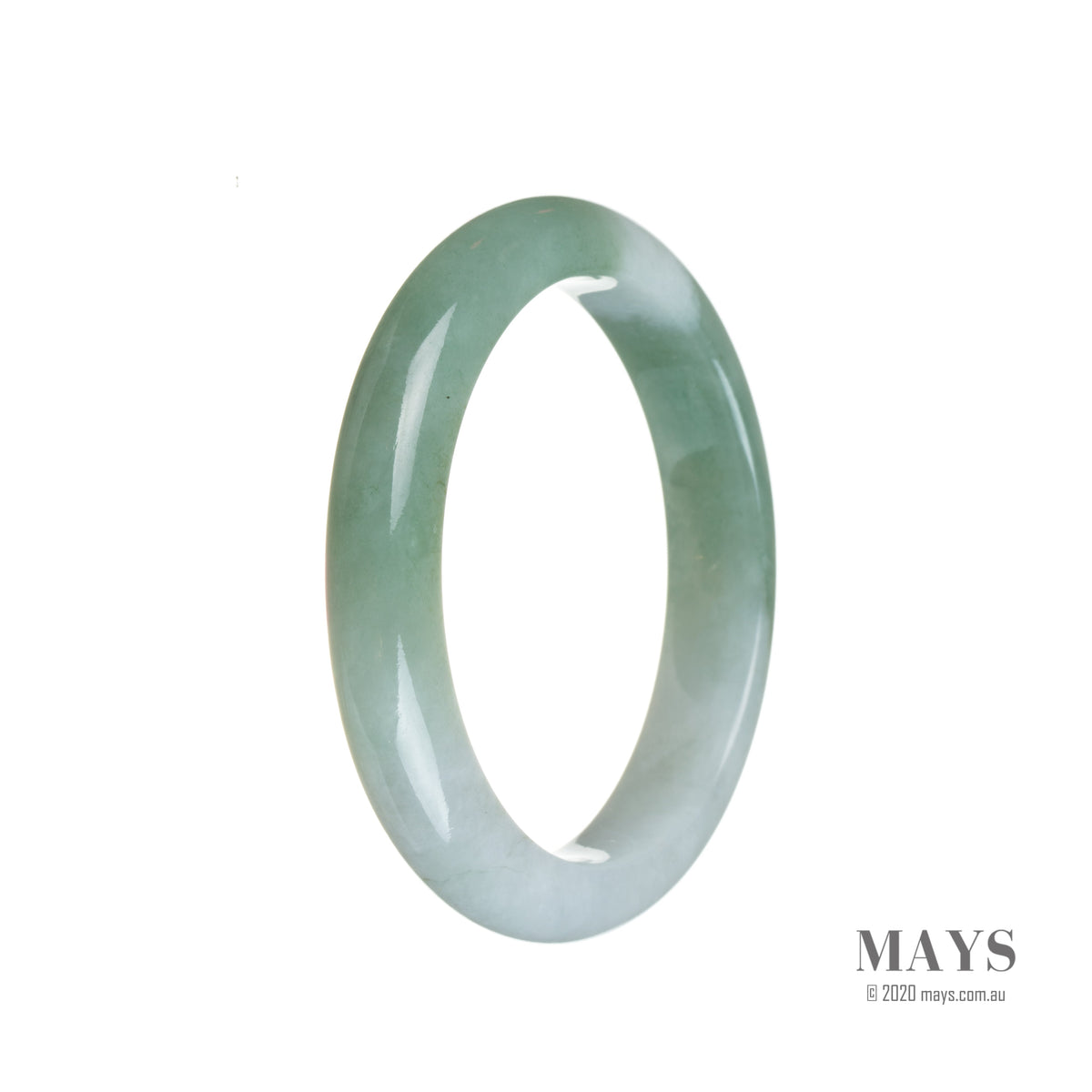A half moon-shaped pale lavender jade bangle with green spots, made of authentic untreated traditional jade.