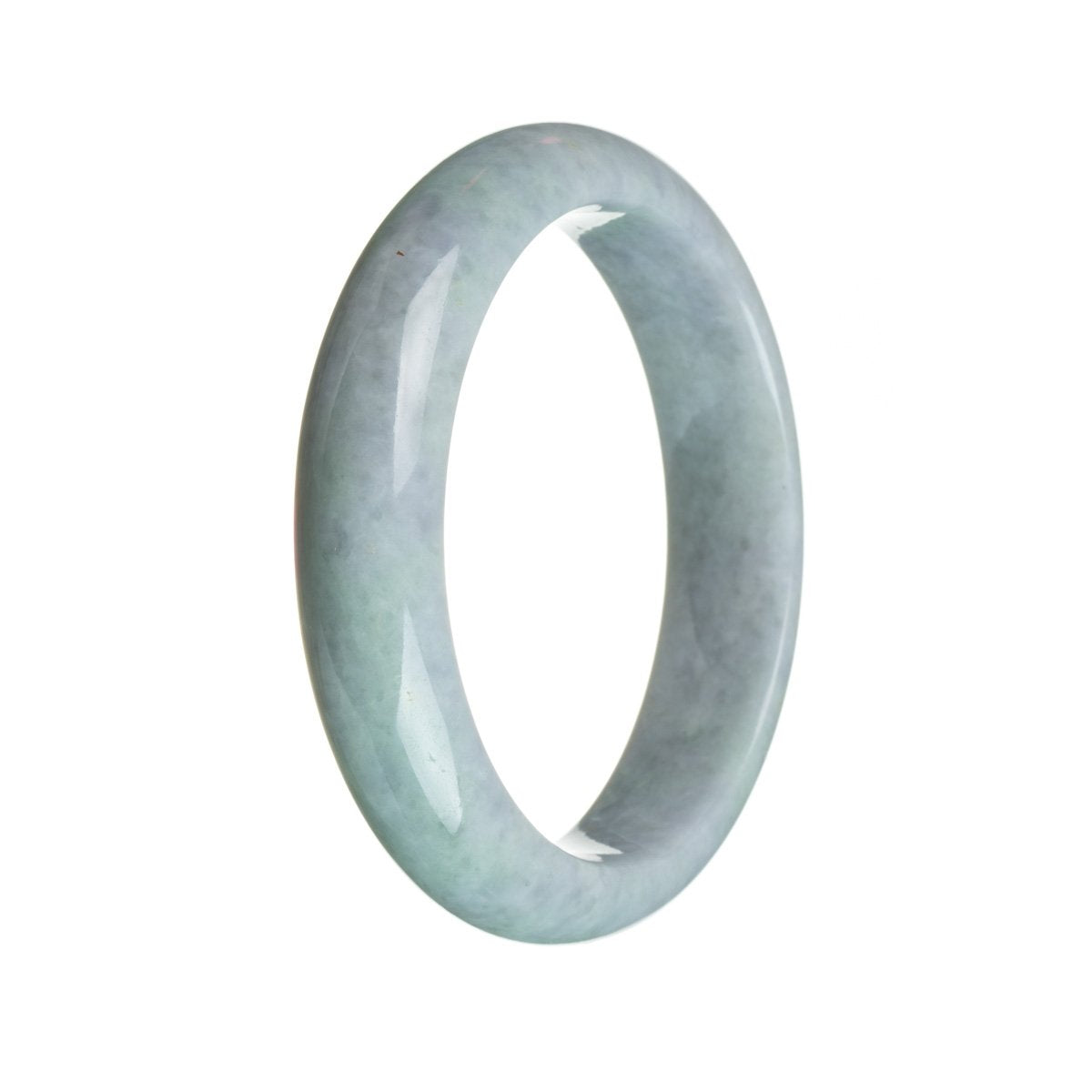 A close-up photo of an authentic Grade A greyish blue lavender Burma Jade bangle bracelet. The bracelet is in the shape of a half moon and measures 59mm in diameter. It is a beautiful piece from the MAYS™ collection.