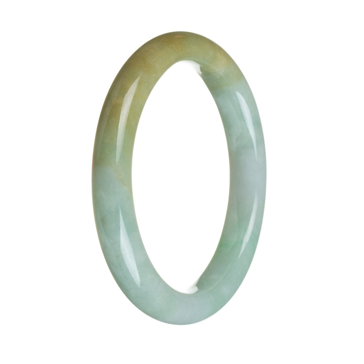A semi-round, grade A green and brown jadeite bangle with a diameter of 63mm.