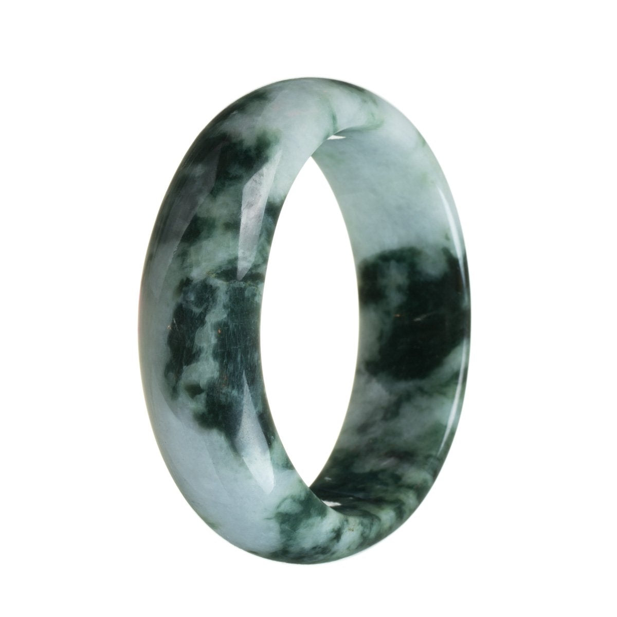 A close-up image of a beautiful half moon jadeite bracelet, featuring a genuine and natural green on white pattern. The bracelet measures 61mm in size and is a stunning accessory from the brand MAYS.