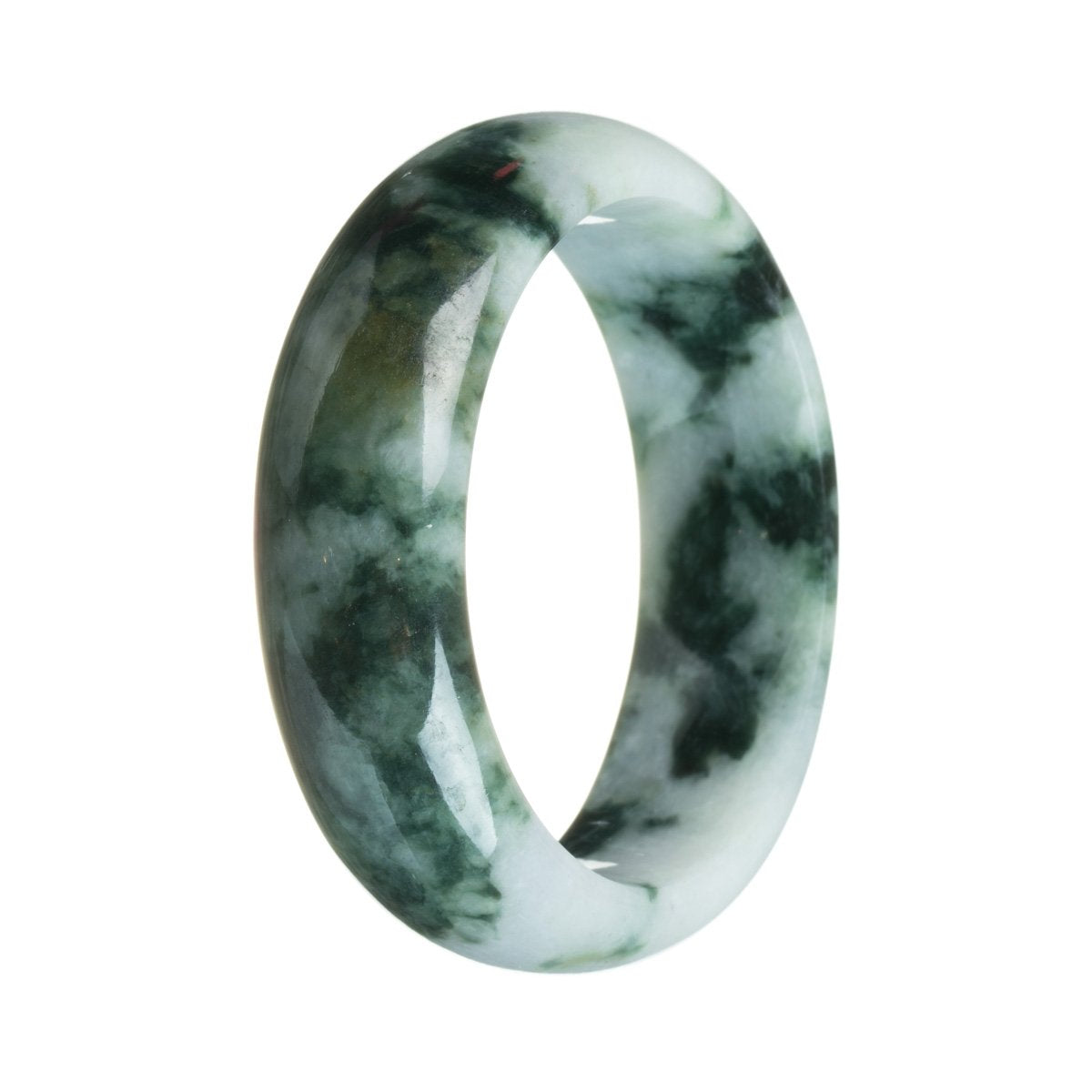 A close-up image of a genuine Type A Green on white pattern Jadeite Bangle. The bangle is in the shape of a half moon and measures 61mm in diameter. It is a high-quality piece from the MAYS™ collection.