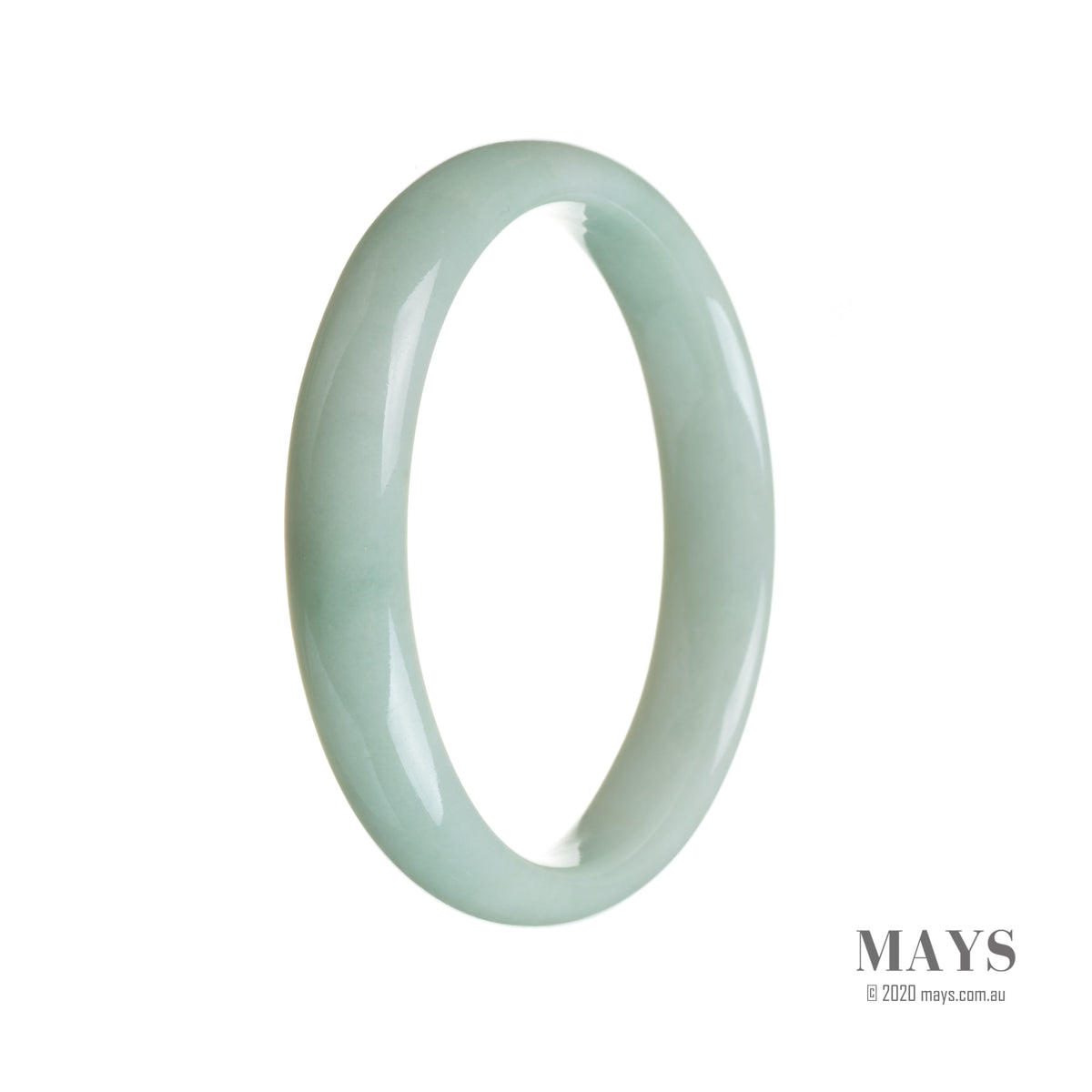 A beautiful pale green Burma Jade bracelet with a half moon design, measuring 59mm. Made with genuine Type A jade.
