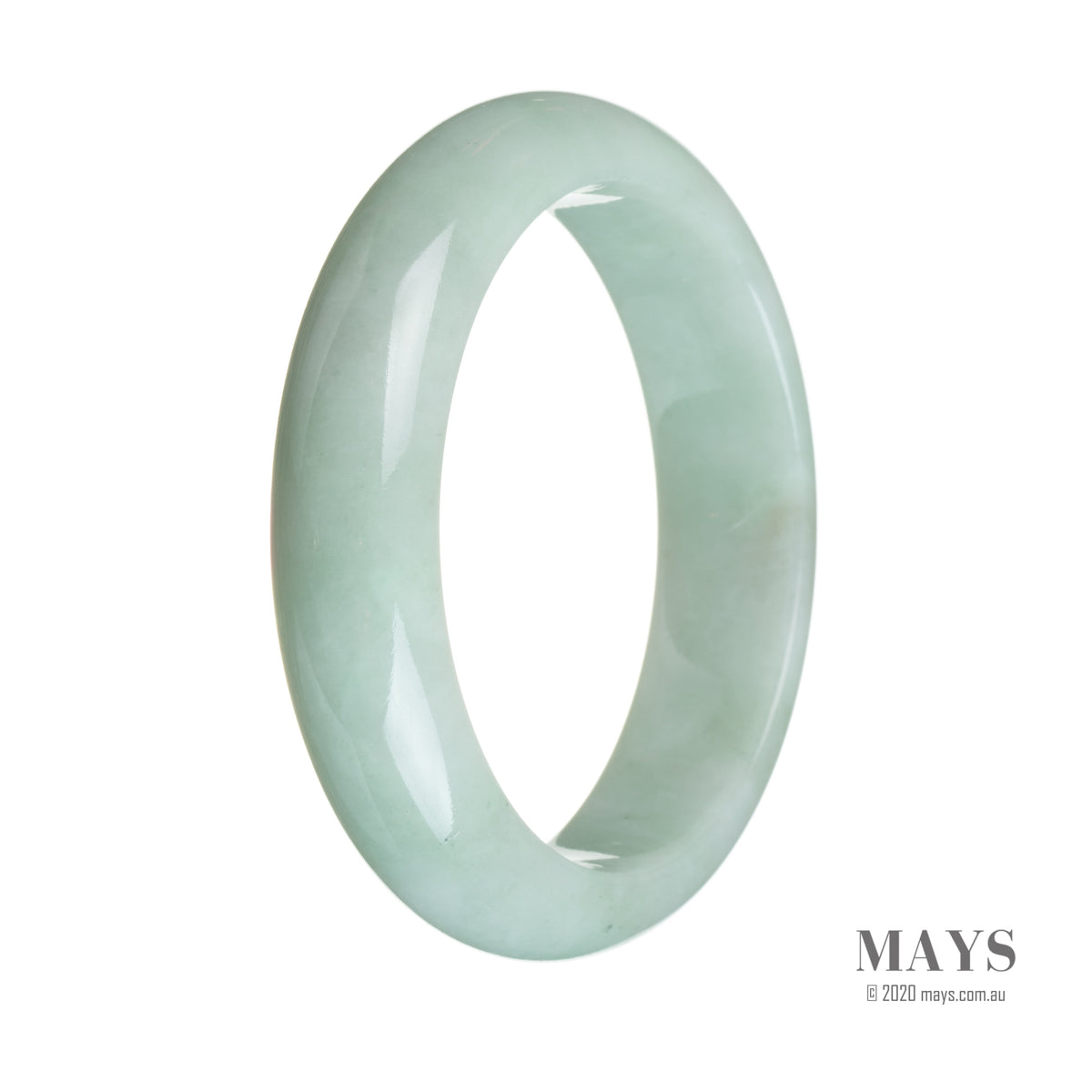 A light green jade bangle with a semi-round shape, measuring 62mm in size. A genuine grade A piece, perfect for jewelry enthusiasts from MAYS GEMS.
